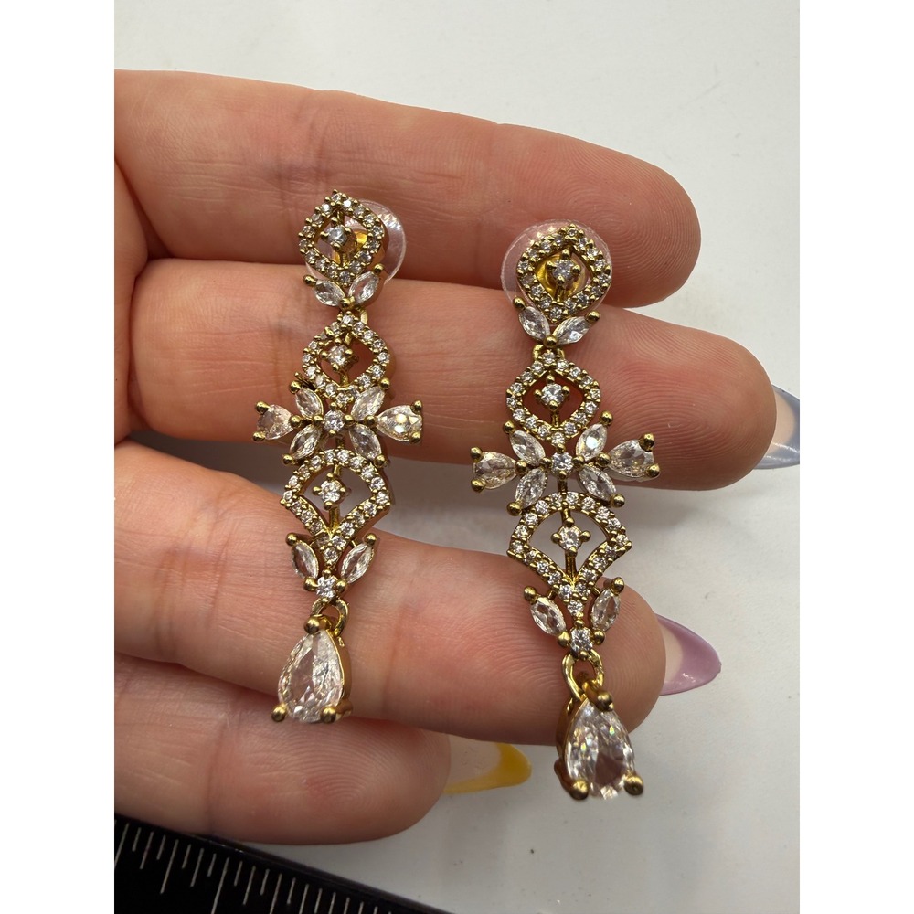 Gold Tone Cubic Zirconia Marquise Pear Dangle Drop Statement Earrings Vintage